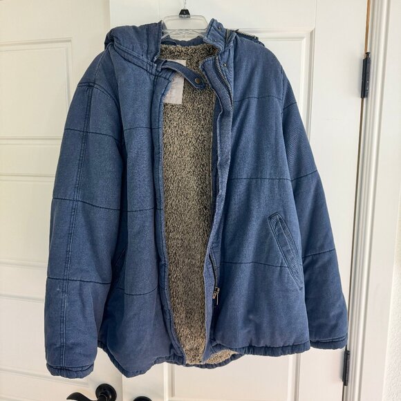 Free People Quilted Denim Jacket Sherpa Lined Hooded Coat Blue Zip-Up Size L - Picture 2 of 9